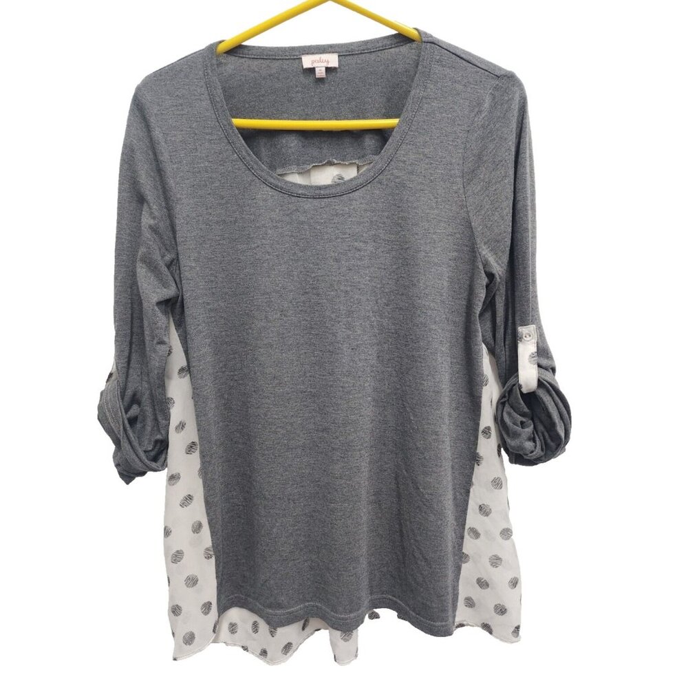 Pixley‎ Stitch fix BOHO Top Womens Medium Gray White Polka Dot 3/4 Sleeve Hi-Low
